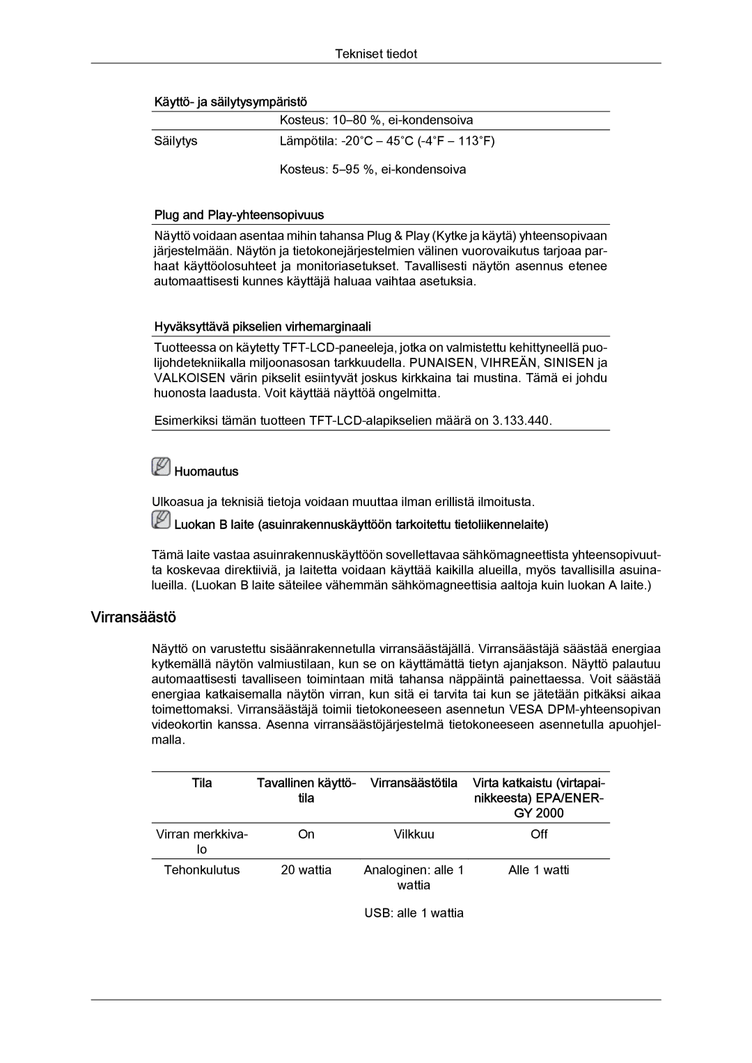 Samsung LS22LFUGFY/EN, LS22LFUGF/EN Virransäästö, Plug and Play-yhteensopivuus, Hyväksyttävä pikselien virhemarginaali 