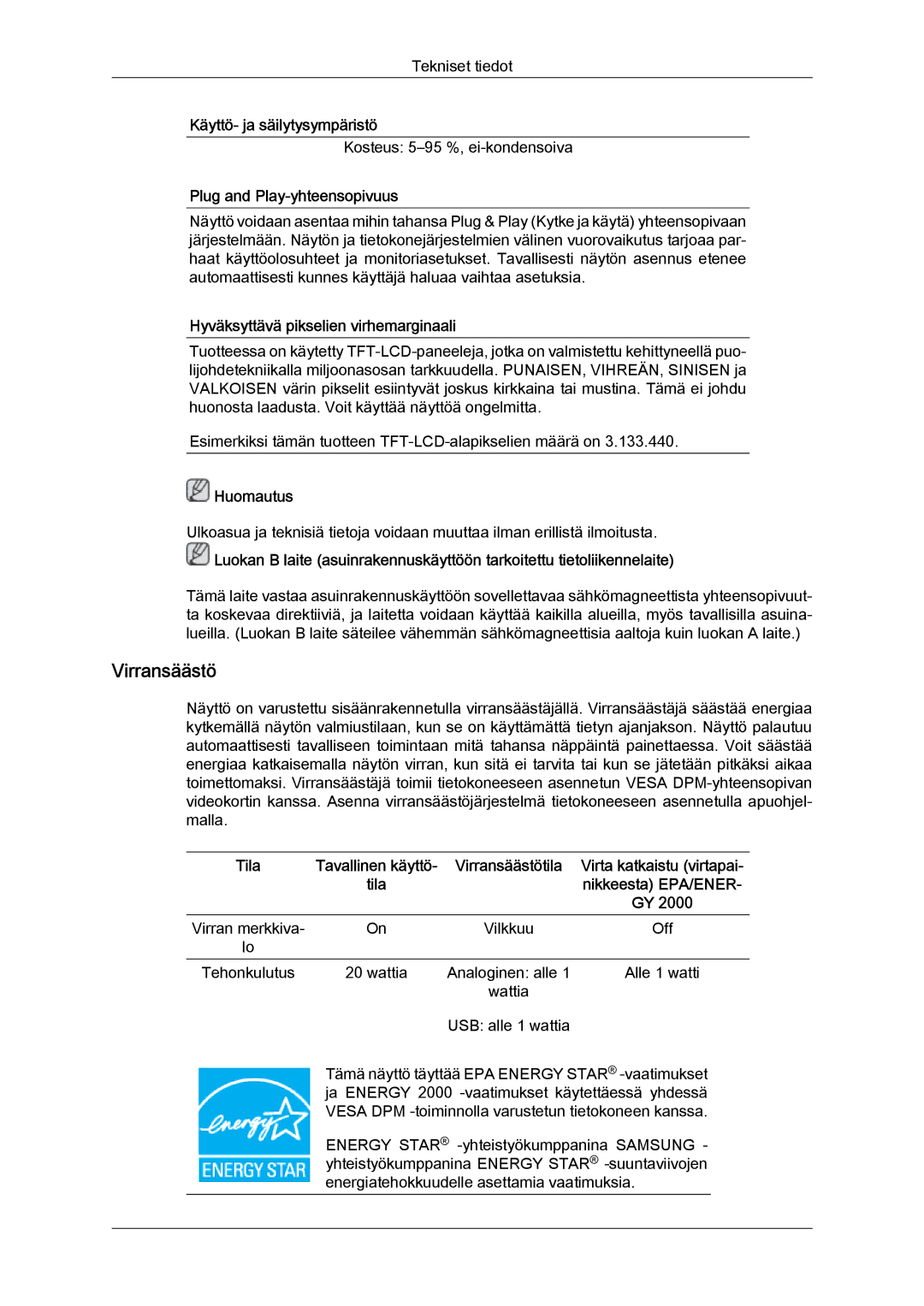 Samsung LS22LFUGF/EN, LS22LFUGFY/EN manual Virransäästö 