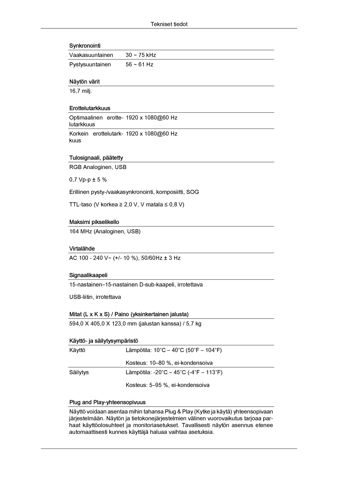 Samsung LS22LFUGF/EN, LS22LFUGFY/EN manual Vaakasuuntainen ~ 75 kHz Pystysuuntainen ~ 61 Hz 