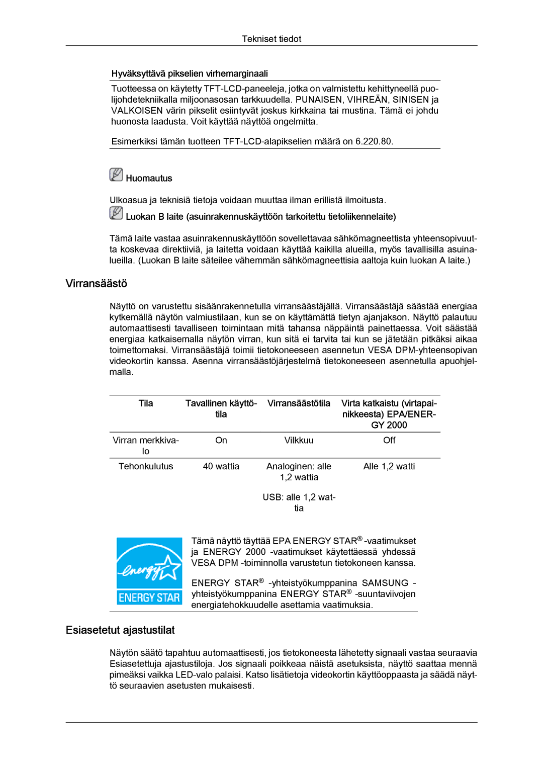 Samsung LS22LFUGFY/EN, LS22LFUGF/EN manual Virransäästö 