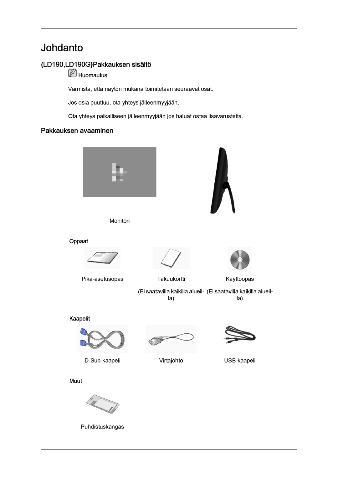 Samsung LS22LFUGF/EN, LS22LFUGFY/EN manual Johdanto, LD190,LD190GPakkauksen sisältö, Pakkauksen avaaminen 