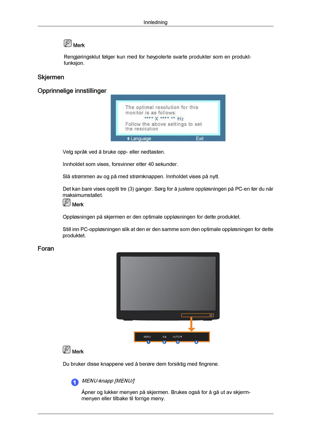 Samsung LS22LFUGFY/EN, LS22LFUGF/EN manual Skjermen Opprinnelige innstillinger, Foran 