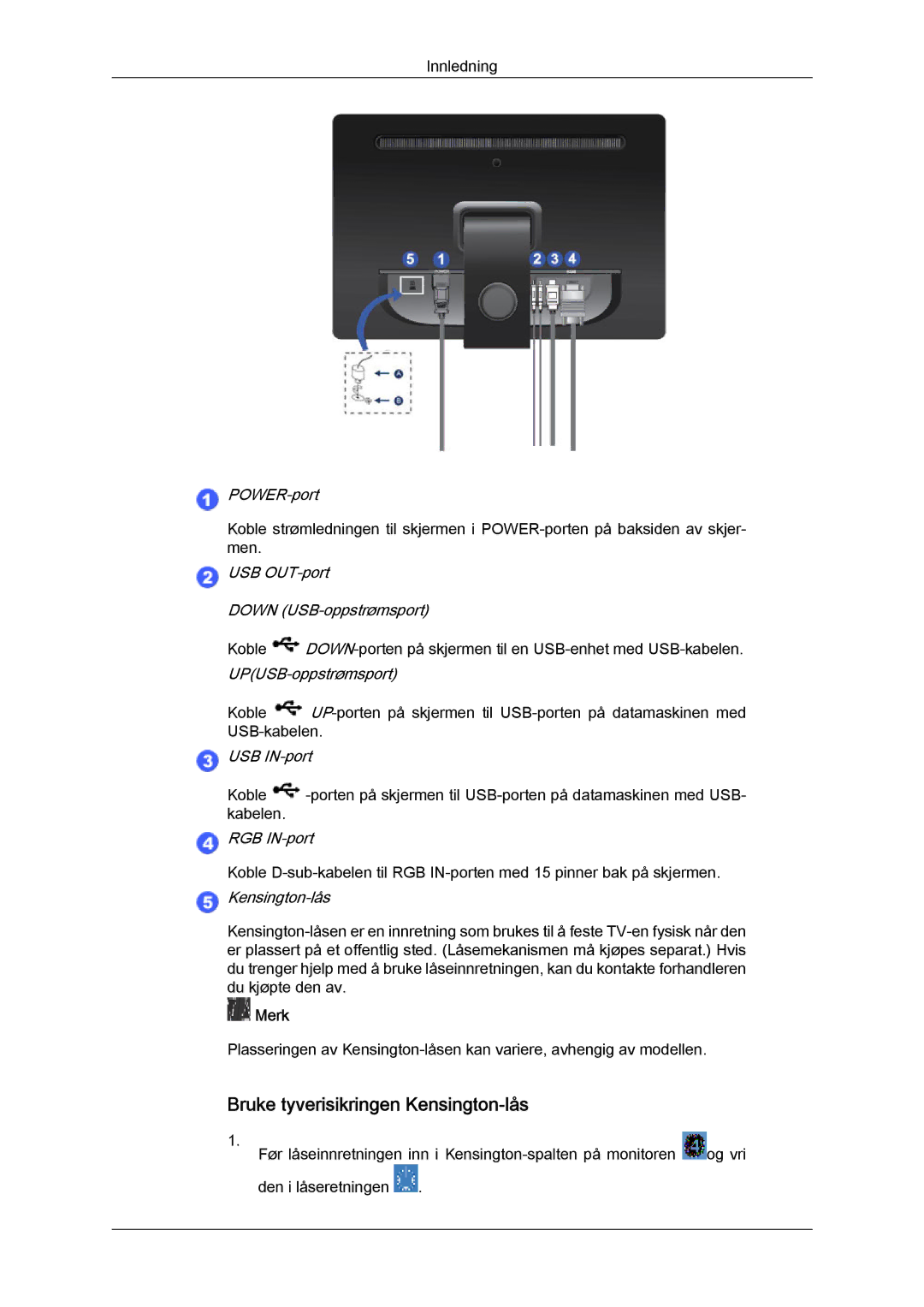 Samsung LS22LFUGF/EN, LS22LFUGFY/EN manual USB OUT-port Down USB-oppstrømsport 