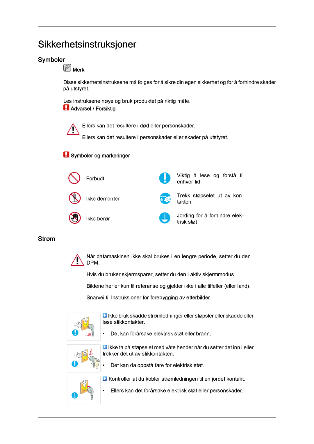 Samsung LS22LFUGFY/EN, LS22LFUGF/EN manual Sikkerhetsinstruksjoner, Strøm, Merk, Symboler og markeringer 