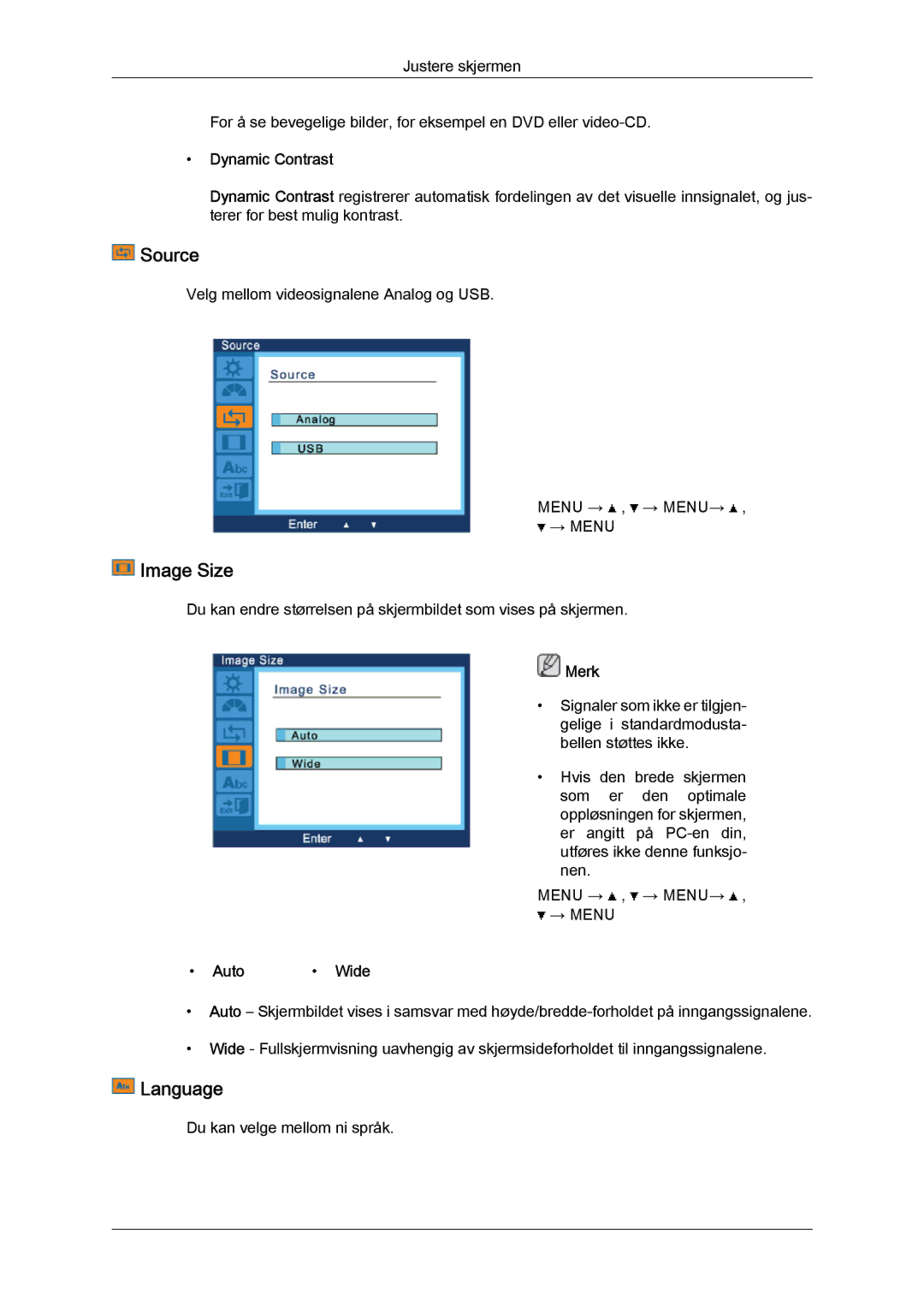 Samsung LS22LFUGFY/EN, LS22LFUGF/EN manual Source, Image Size, Language, Dynamic Contrast, Auto Wide 