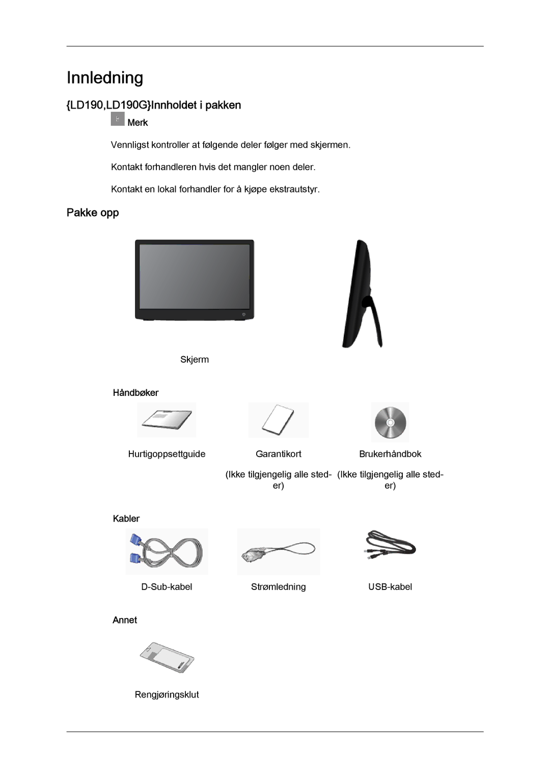 Samsung LS22LFUGF/EN, LS22LFUGFY/EN manual Innledning, LD190,LD190GInnholdet i pakken, Pakke opp 