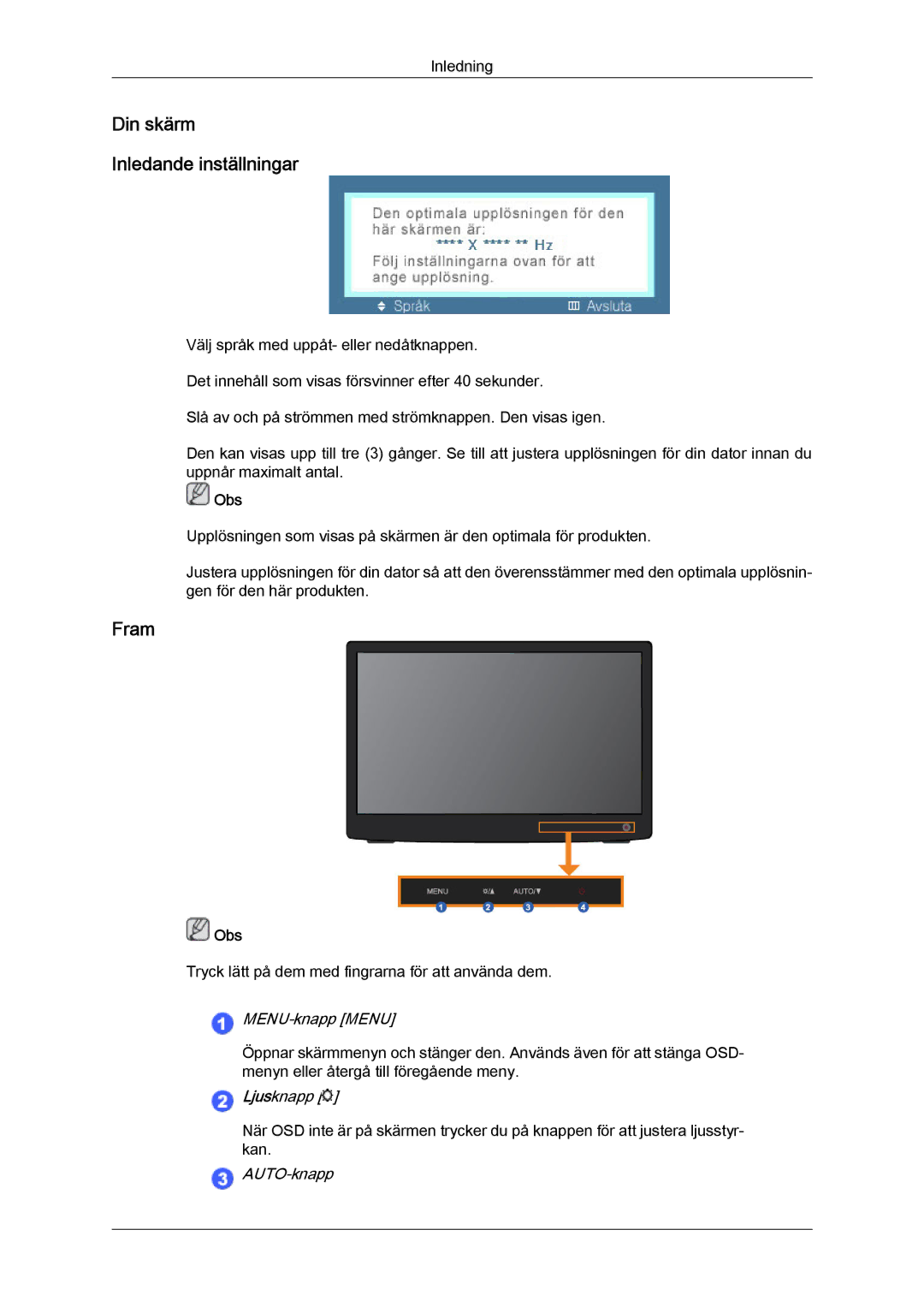 Samsung LS22LFUGFY/EN, LS22LFUGF/EN manual Din skärm Inledande inställningar, Fram 