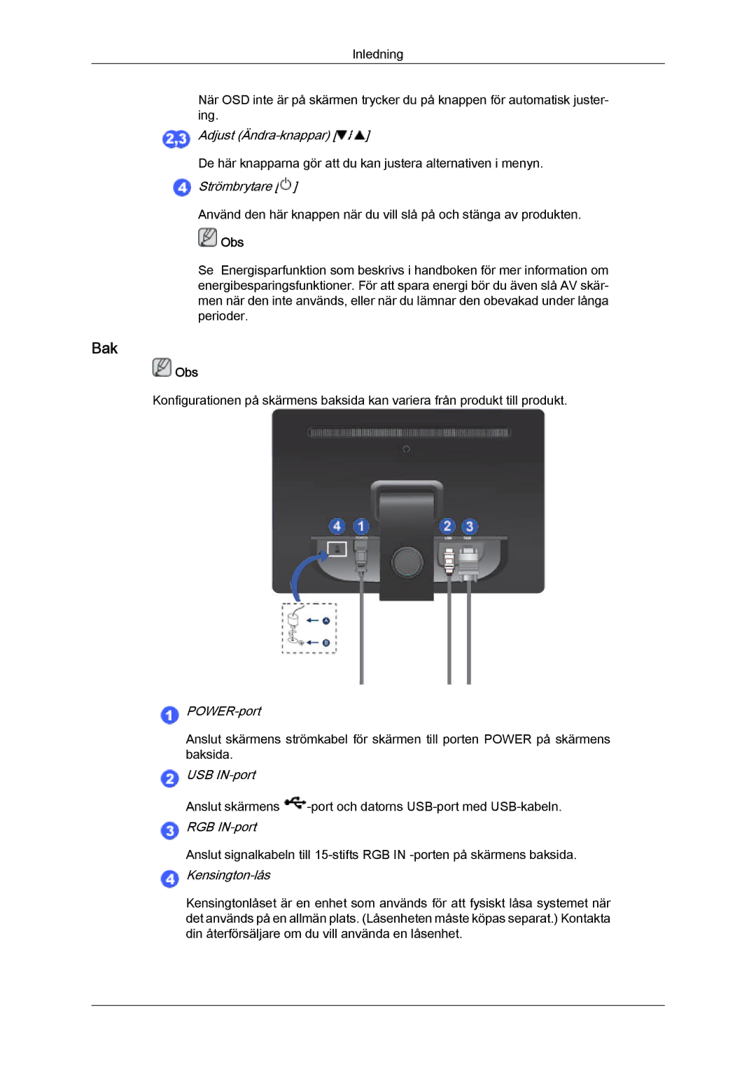 Samsung LS22LFUGF/EN, LS22LFUGFY/EN manual Bak, Kensington-lås 