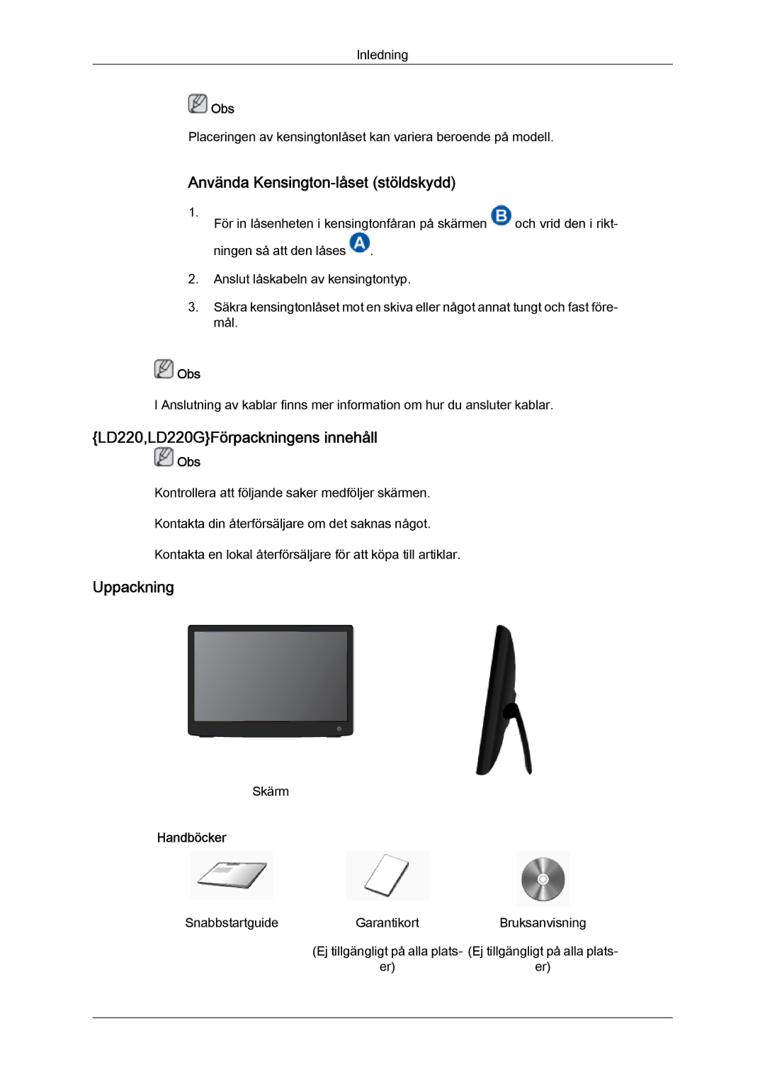 Samsung LS22LFUGFY/EN, LS22LFUGF/EN manual Använda Kensington-låset stöldskydd, LD220,LD220GFörpackningens innehåll 