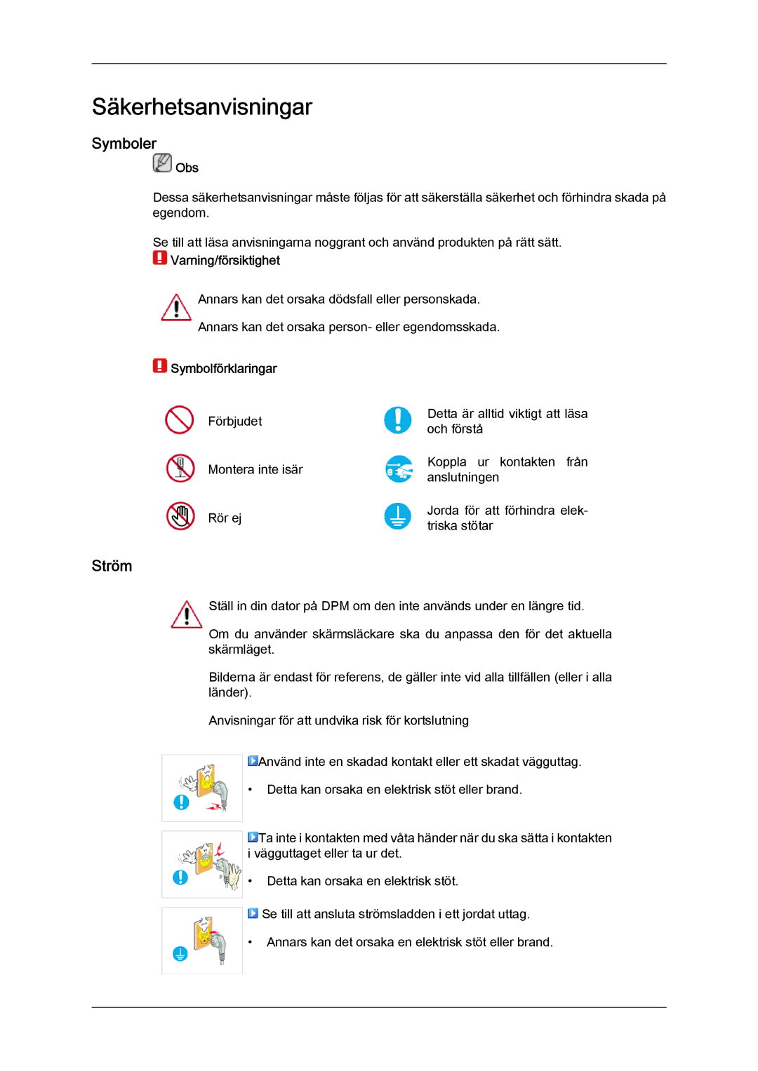 Samsung LS22LFUGFY/EN, LS22LFUGF/EN manual Säkerhetsanvisningar, Symboler, Ström 