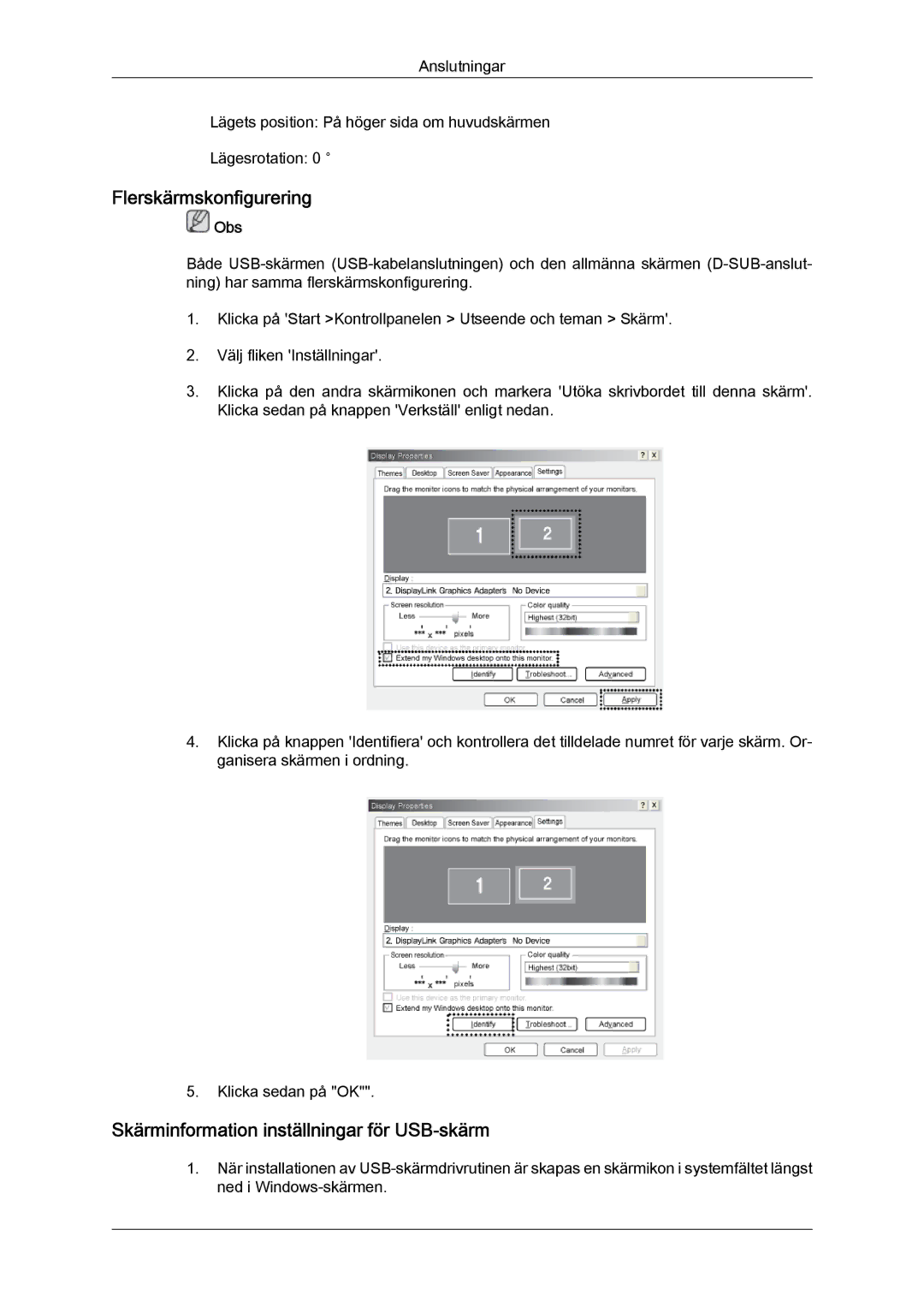 Samsung LS22LFUGF/EN, LS22LFUGFY/EN manual Flerskärmskonfigurering, Skärminformation inställningar för USB-skärm 