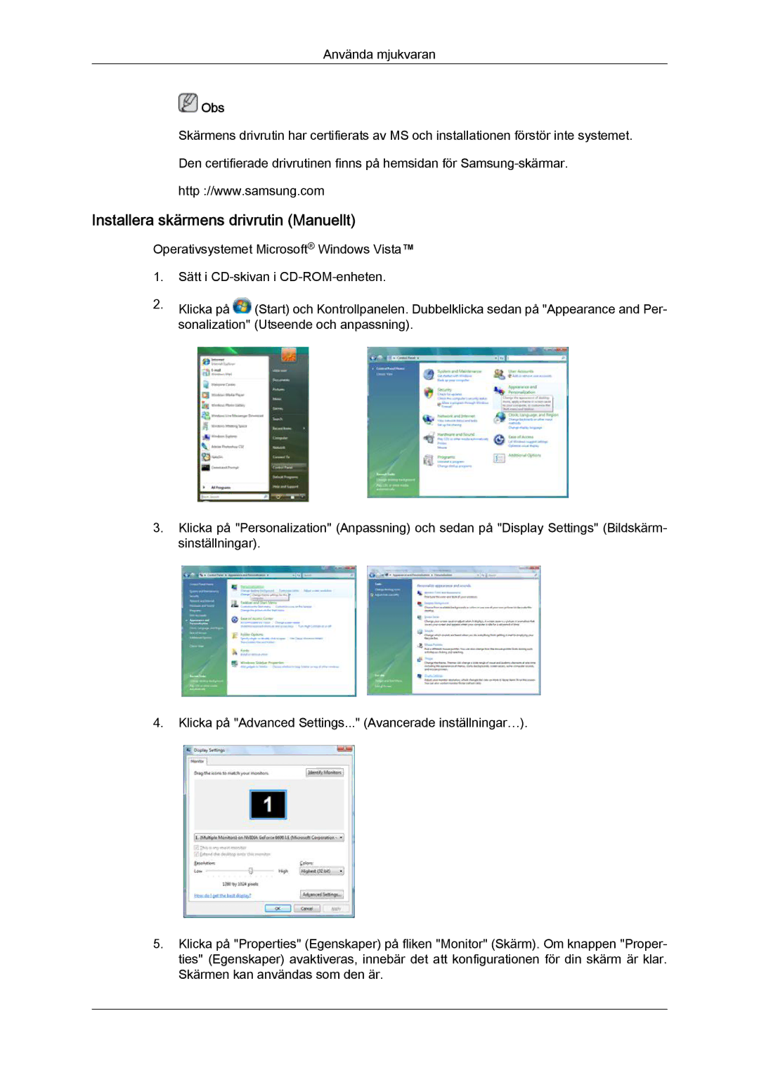 Samsung LS22LFUGFY/EN, LS22LFUGF/EN manual Installera skärmens drivrutin Manuellt 