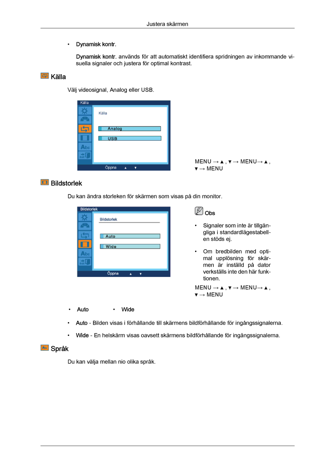 Samsung LS22LFUGFY/EN, LS22LFUGF/EN manual Källa, Bildstorlek, Språk, Dynamisk kontr, Auto Wide 