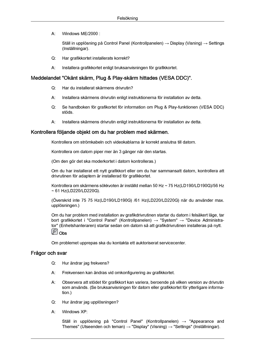 Samsung LS22LFUGF/EN, LS22LFUGFY/EN manual Meddelandet Okänt skärm, Plug & Play-skärm hittades Vesa DDC 