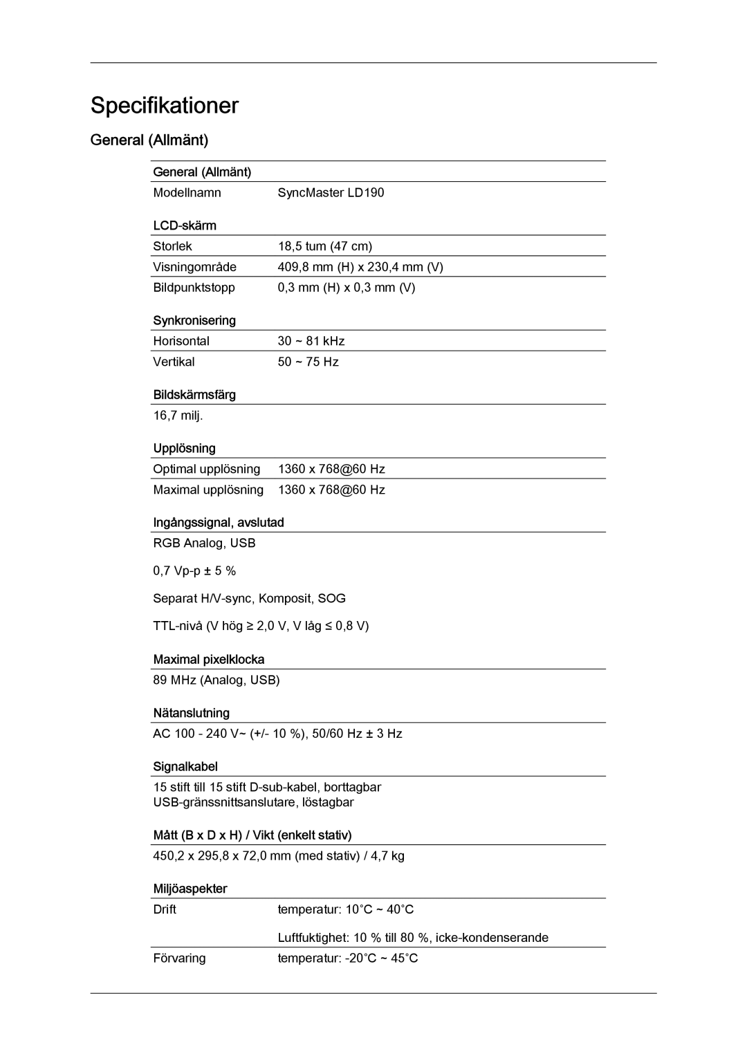 Samsung LS22LFUGF/EN, LS22LFUGFY/EN manual Specifikationer, General Allmänt 