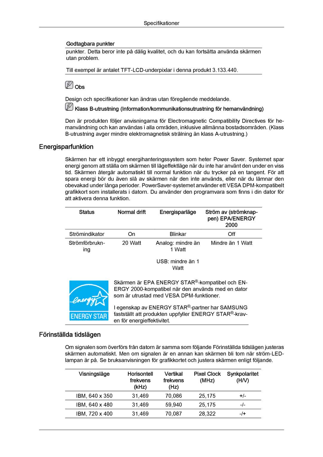 Samsung LS22LFUGF/EN, LS22LFUGFY/EN manual Energisparfunktion 