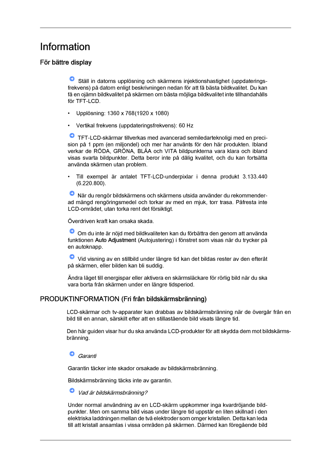 Samsung LS22LFUGFY/EN, LS22LFUGF/EN manual Information, För bättre display, Produktinformation Fri från bildskärmsbränning 