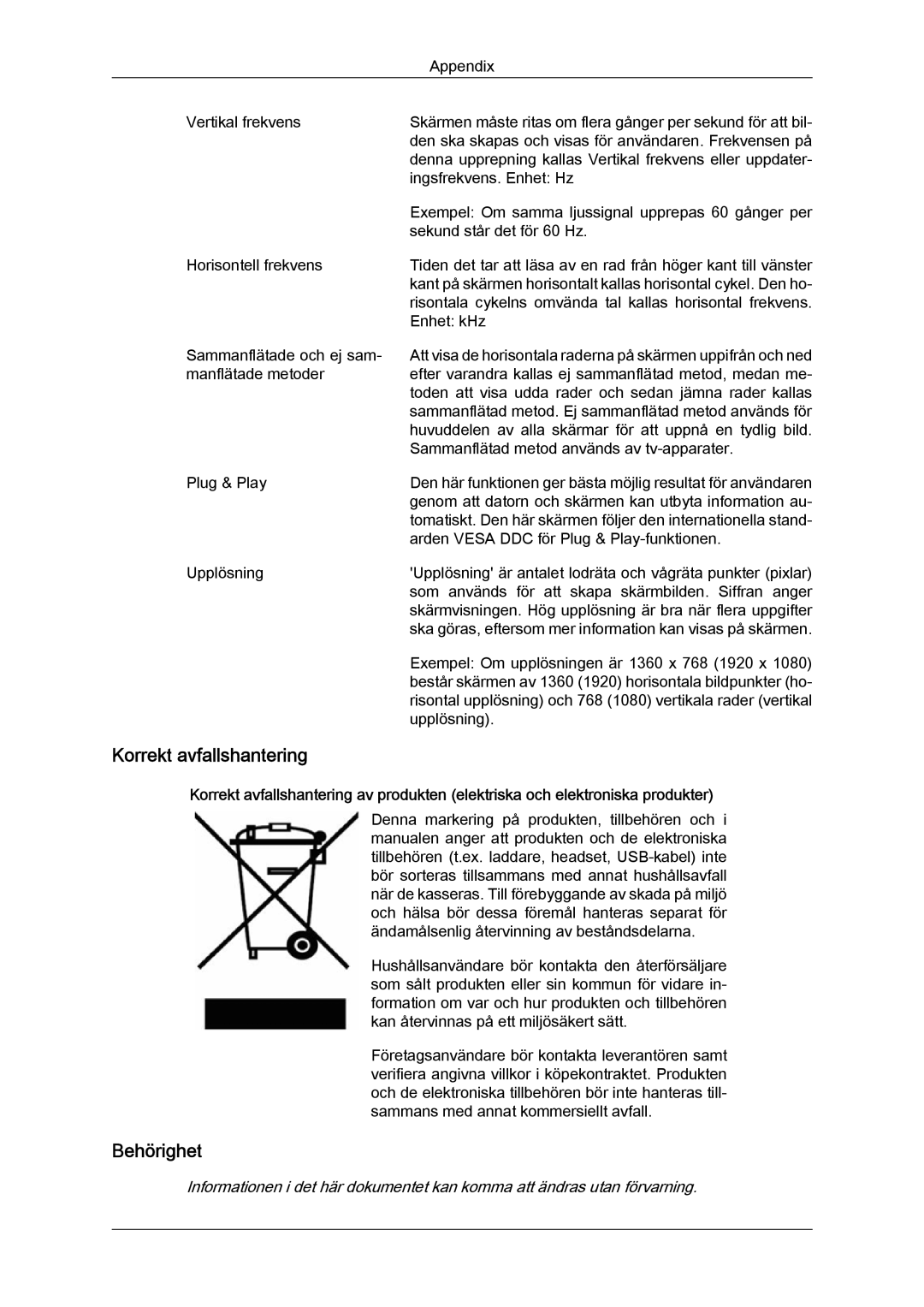 Samsung LS22LFUGF/EN, LS22LFUGFY/EN manual Korrekt avfallshantering, Behörighet 