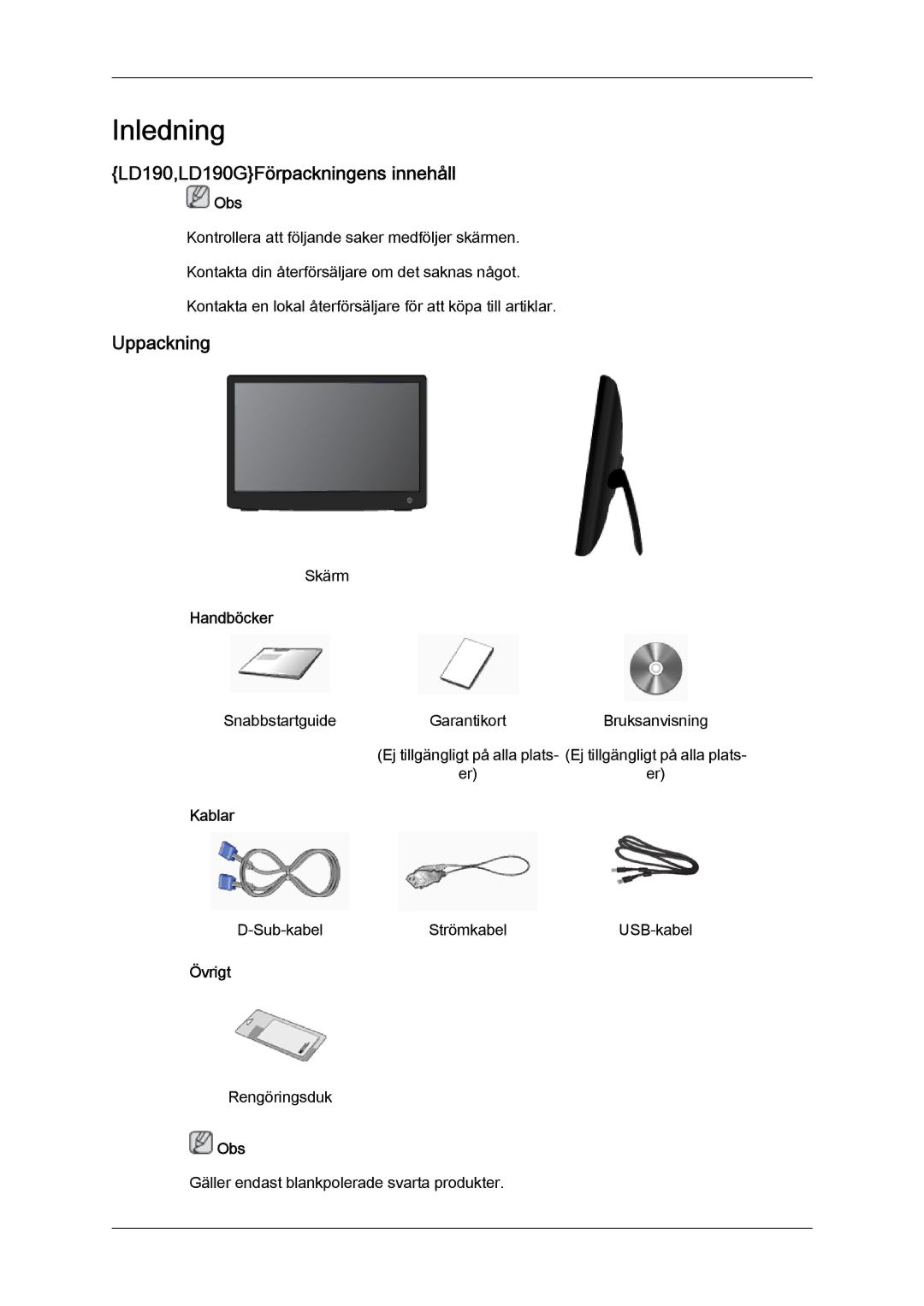 Samsung LS22LFUGF/EN, LS22LFUGFY/EN manual Inledning, LD190,LD190GFörpackningens innehåll, Uppackning 