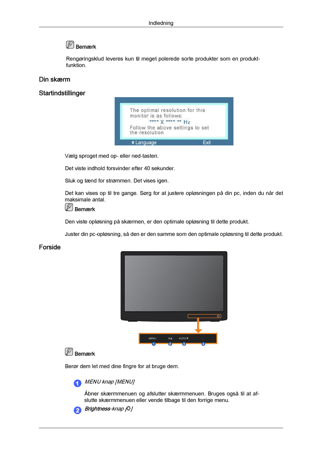 Samsung LS22LFUGFY/EN, LS22LFUGF/EN manual Din skærm Startindstillinger, Forside 