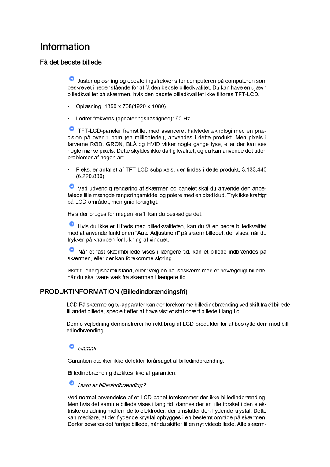 Samsung LS22LFUGF/EN, LS22LFUGFY/EN manual Information, Få det bedste billede, Produktinformation Billedindbrændingsfri 