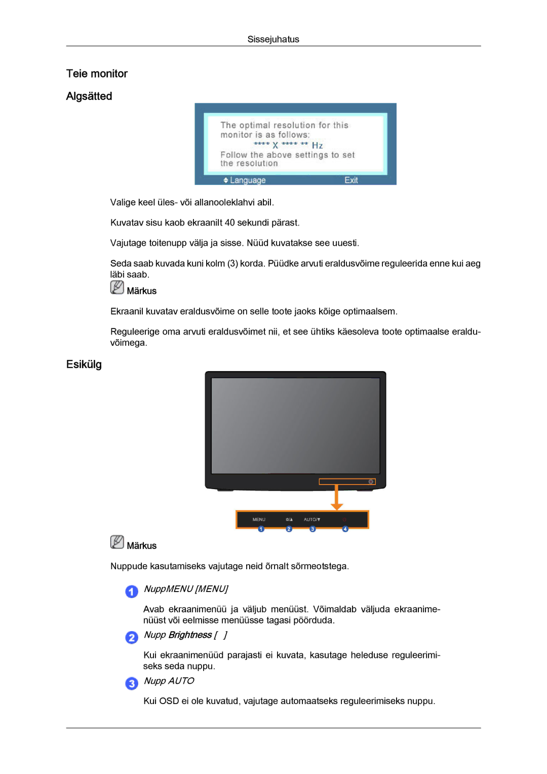 Samsung LS22LFUGFY/EN, LS22LFUGF/EN manual Teie monitor Algsätted, Esikülg 