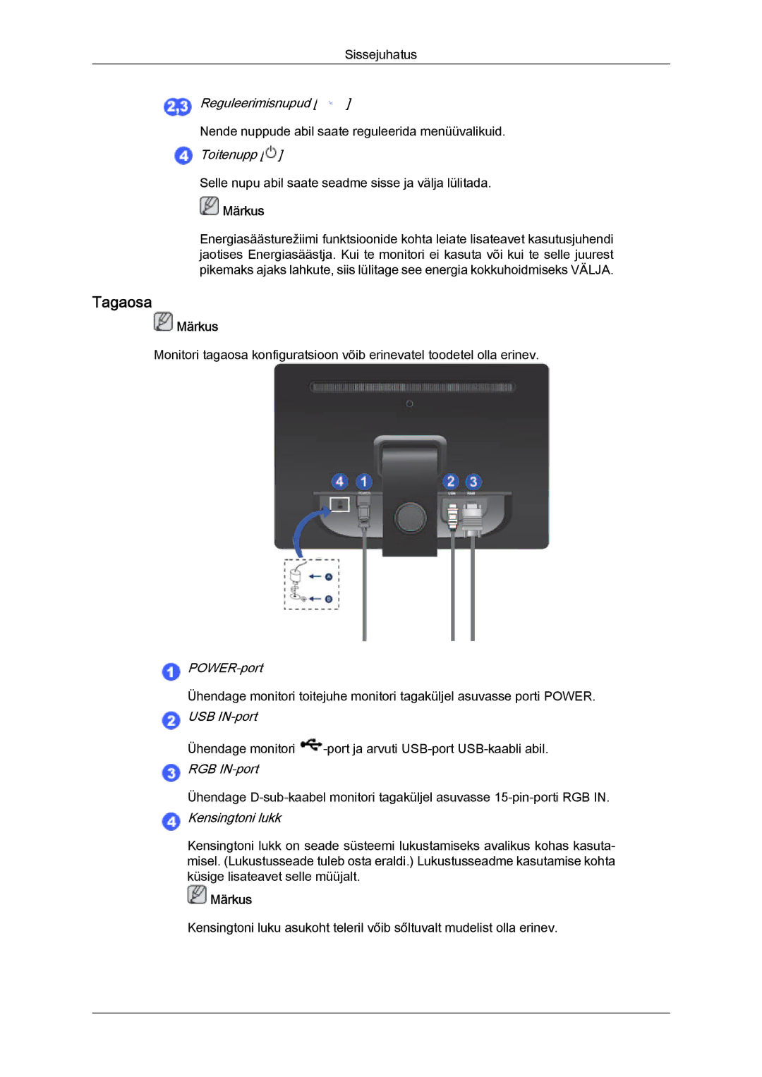 Samsung LS22LFUGF/EN, LS22LFUGFY/EN manual Tagaosa, Kensingtoni lukk 