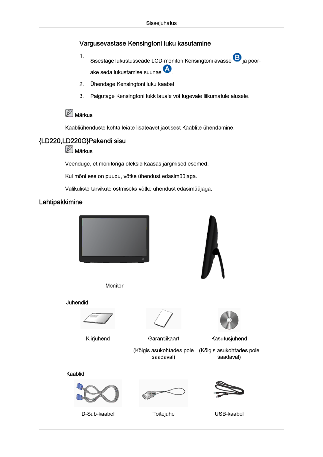 Samsung LS22LFUGFY/EN, LS22LFUGF/EN manual Vargusevastase Kensingtoni luku kasutamine, LD220,LD220GPakendi sisu 