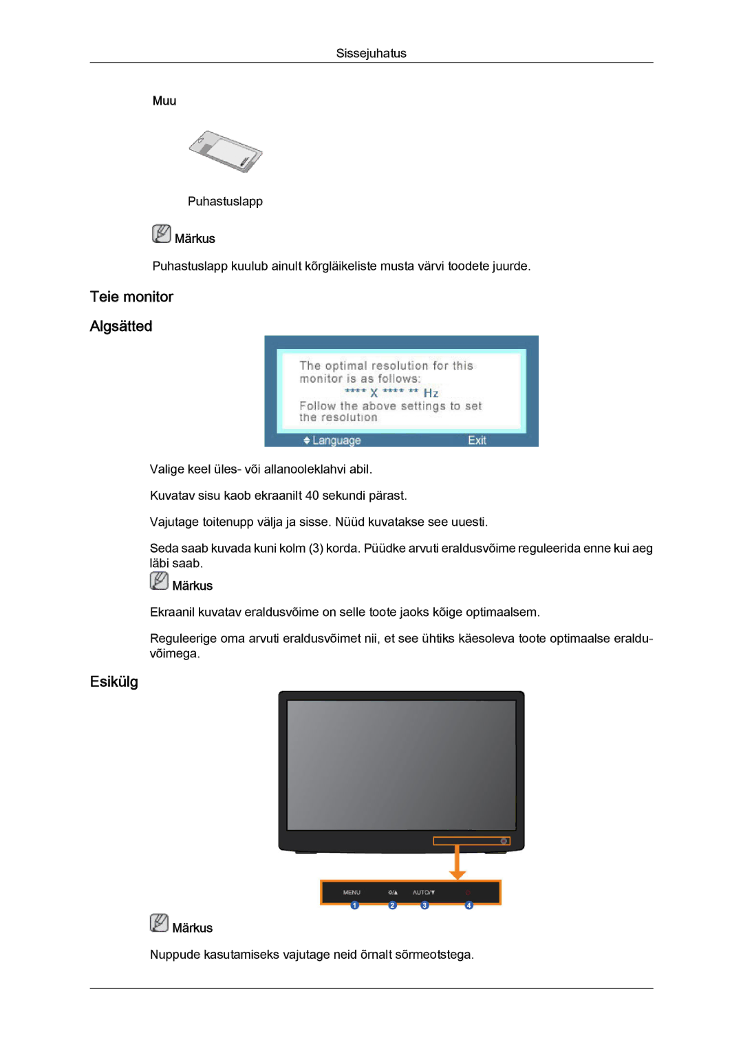 Samsung LS22LFUGF/EN, LS22LFUGFY/EN manual Teie monitor Algsätted 