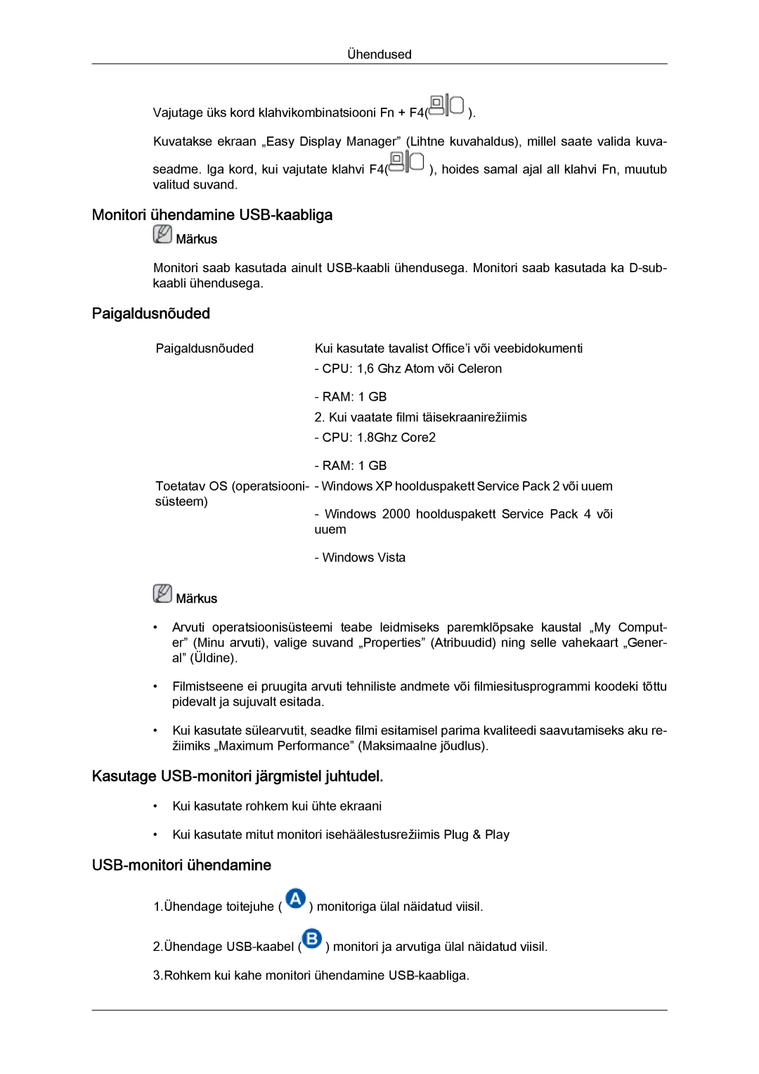 Samsung LS22LFUGF/EN manual Monitori ühendamine USB-kaabliga, Paigaldusnõuded, Kasutage USB-monitori järgmistel juhtudel 