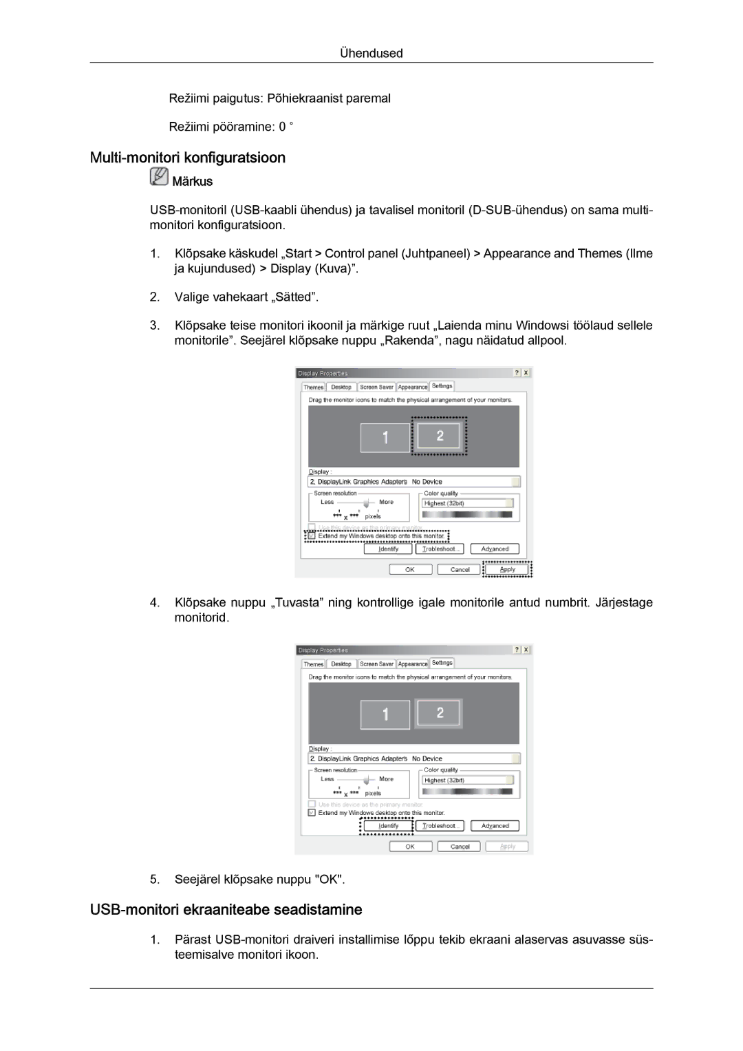 Samsung LS22LFUGFY/EN, LS22LFUGF/EN manual Multi-monitori konfiguratsioon, USB-monitori ekraaniteabe seadistamine 