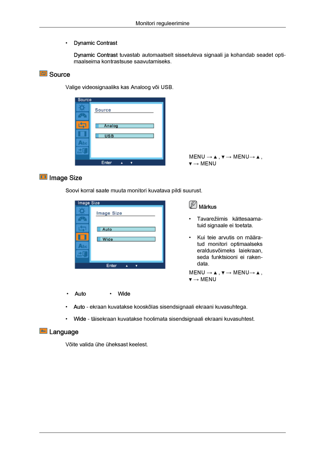 Samsung LS22LFUGF/EN, LS22LFUGFY/EN manual Source, Image Size, Language 