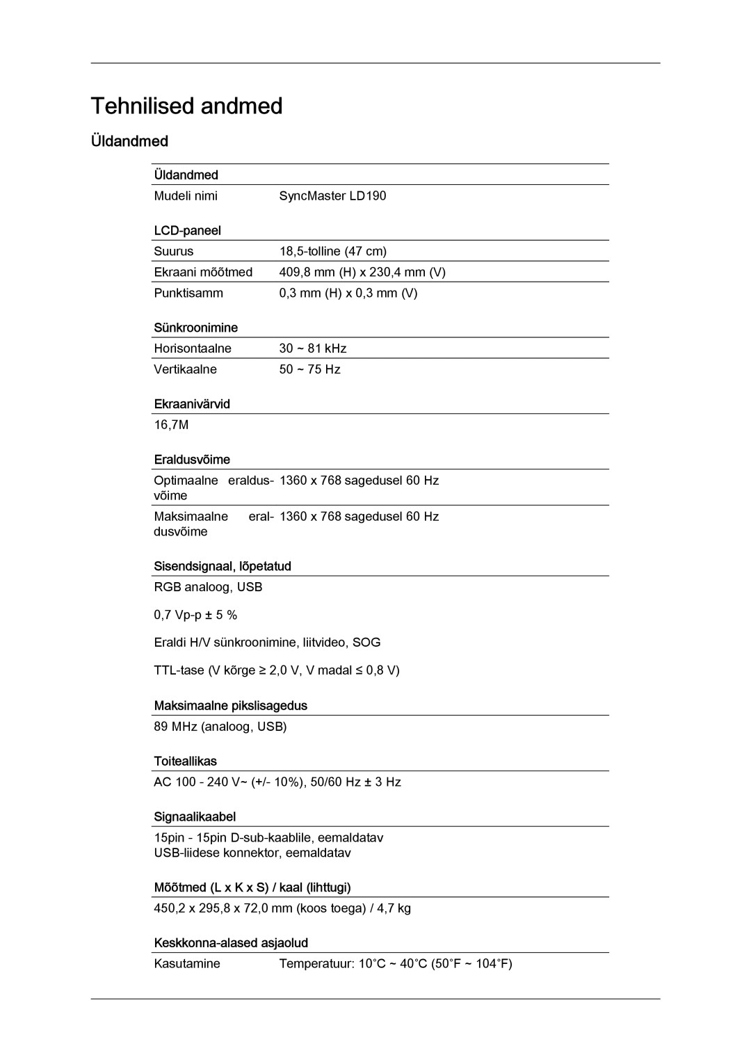 Samsung LS22LFUGFY/EN, LS22LFUGF/EN manual Tehnilised andmed, Üldandmed 