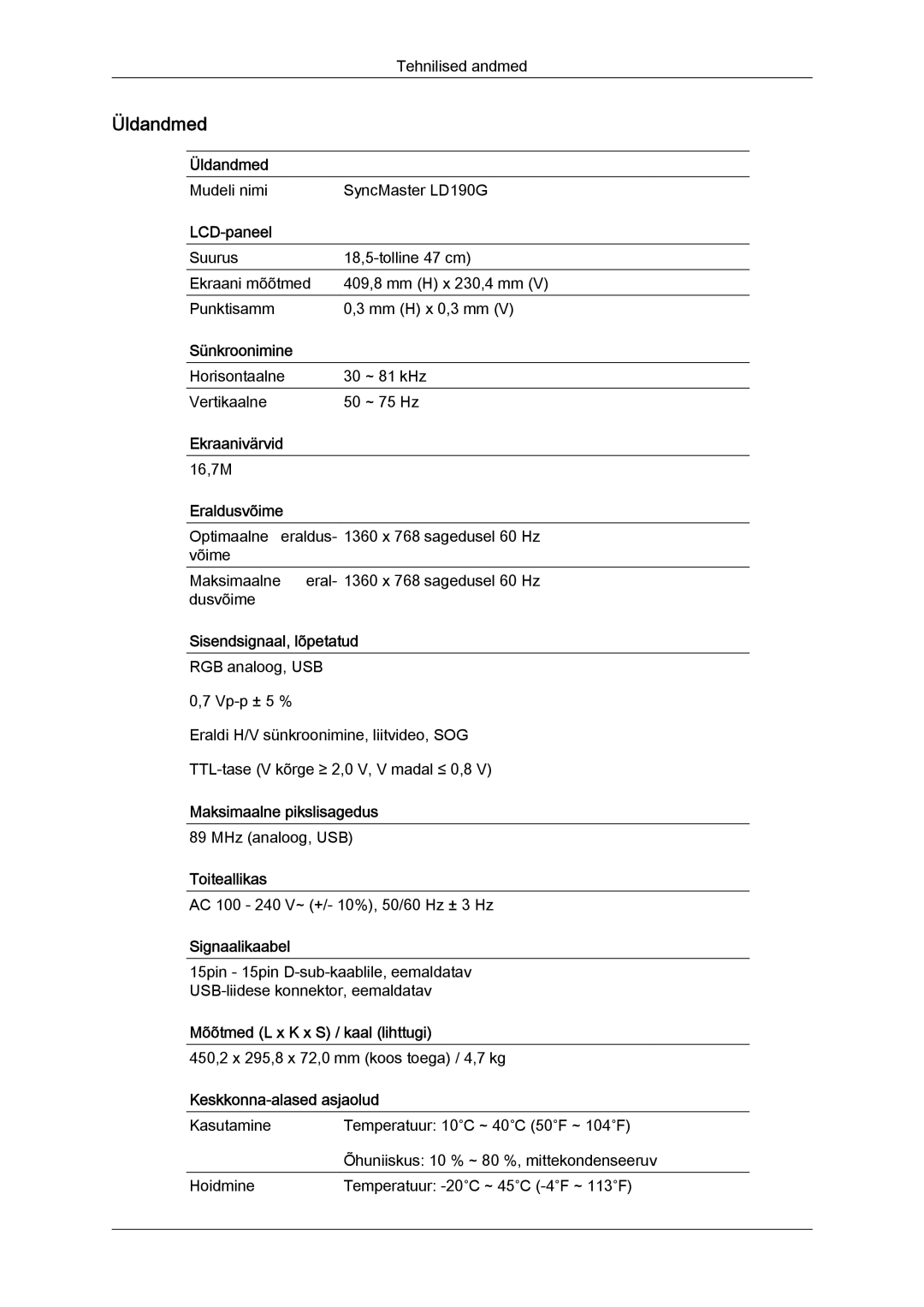 Samsung LS22LFUGF/EN, LS22LFUGFY/EN manual Mudeli nimi SyncMaster LD190G 