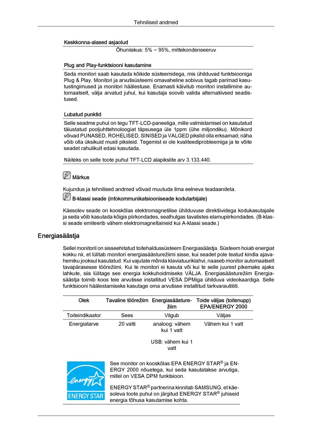 Samsung LS22LFUGFY/EN, LS22LFUGF/EN manual Energiasäästja 