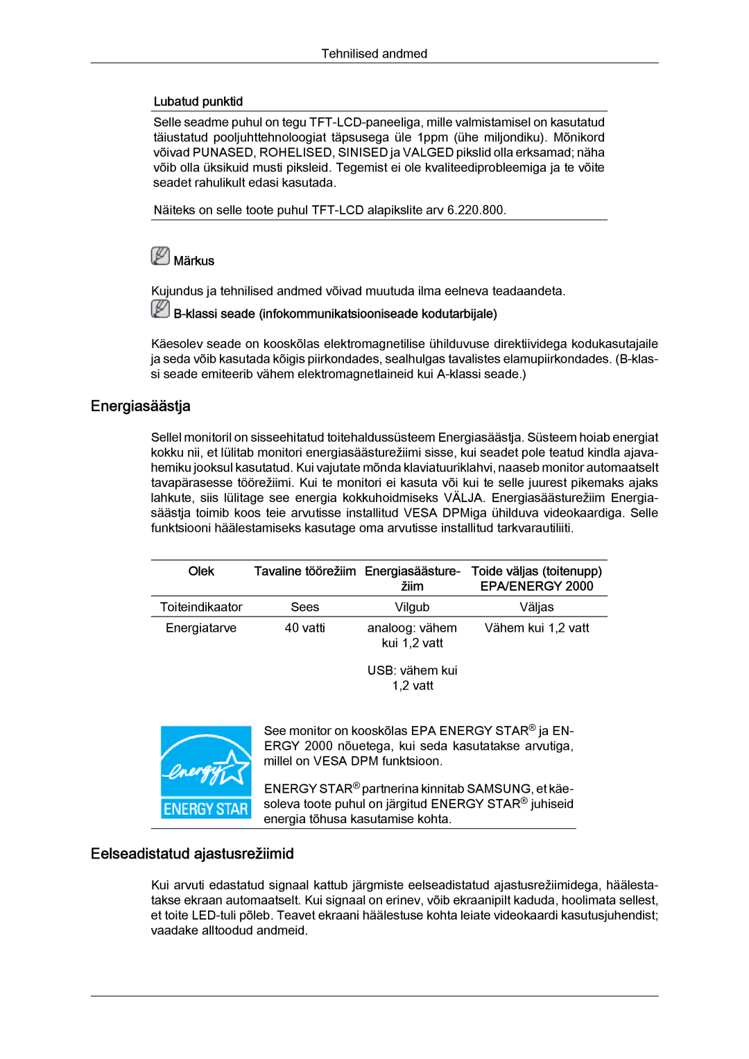 Samsung LS22LFUGF/EN, LS22LFUGFY/EN manual Energiasäästja 