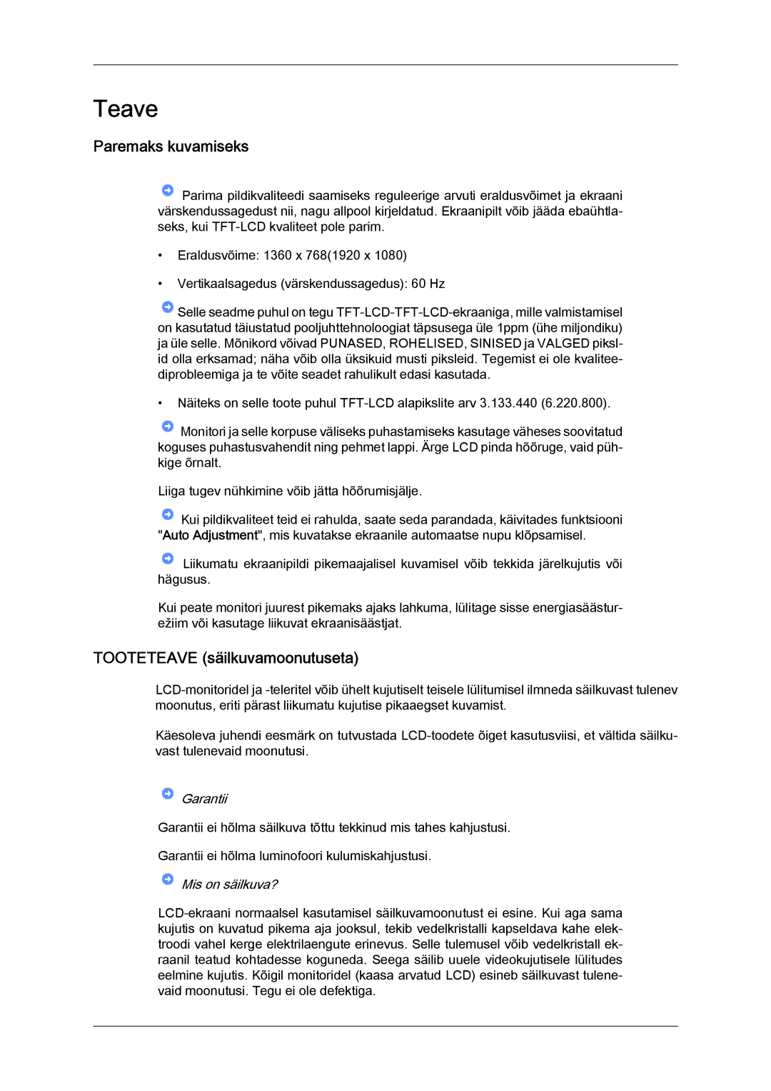 Samsung LS22LFUGFY/EN, LS22LFUGF/EN manual Teave, Paremaks kuvamiseks, Tooteteave säilkuvamoonutuseta 