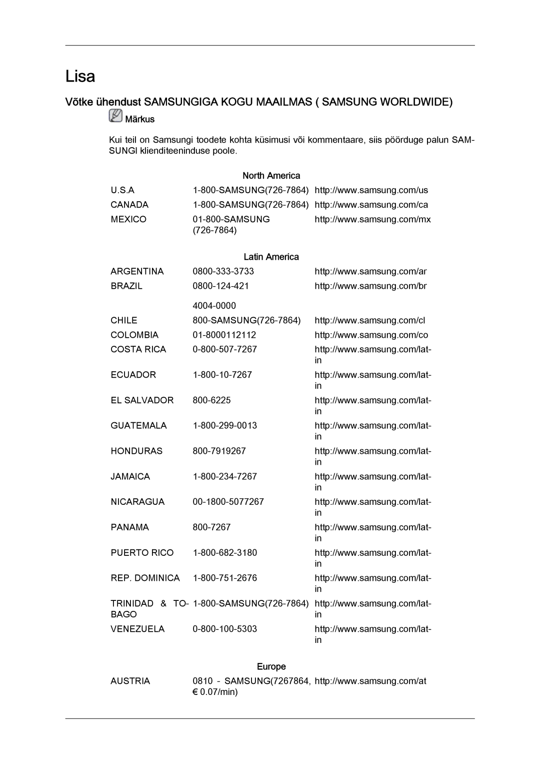 Samsung LS22LFUGFY/EN, LS22LFUGF/EN manual Lisa, Võtke ühendust Samsungiga Kogu Maailmas Samsung Worldwide 