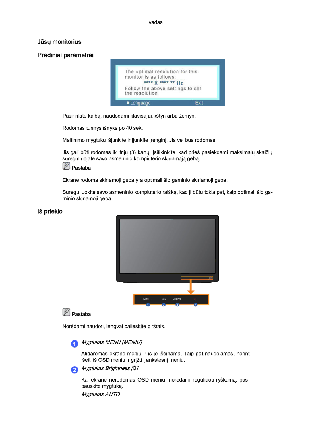 Samsung LS22LFUGFY/EN, LS22LFUGF/EN manual Jūsų monitorius Pradiniai parametrai, Iš priekio 