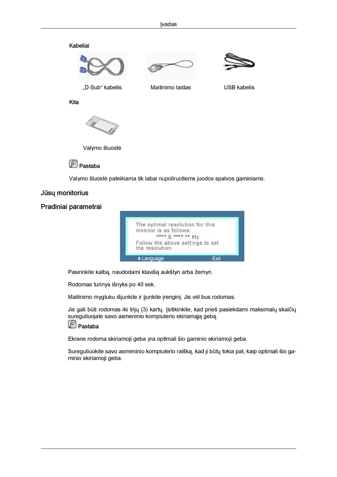 Samsung LS22LFUGF/EN, LS22LFUGFY/EN manual Jūsų monitorius Pradiniai parametrai 