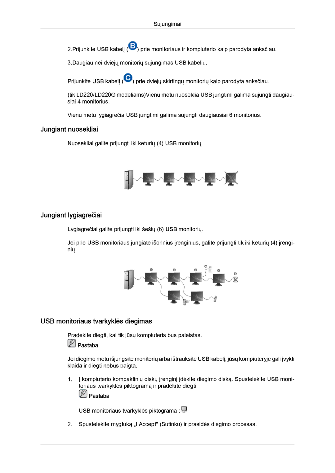 Samsung LS22LFUGF/EN, LS22LFUGFY/EN manual Jungiant nuosekliai, Jungiant lygiagrečiai, USB monitoriaus tvarkyklės diegimas 