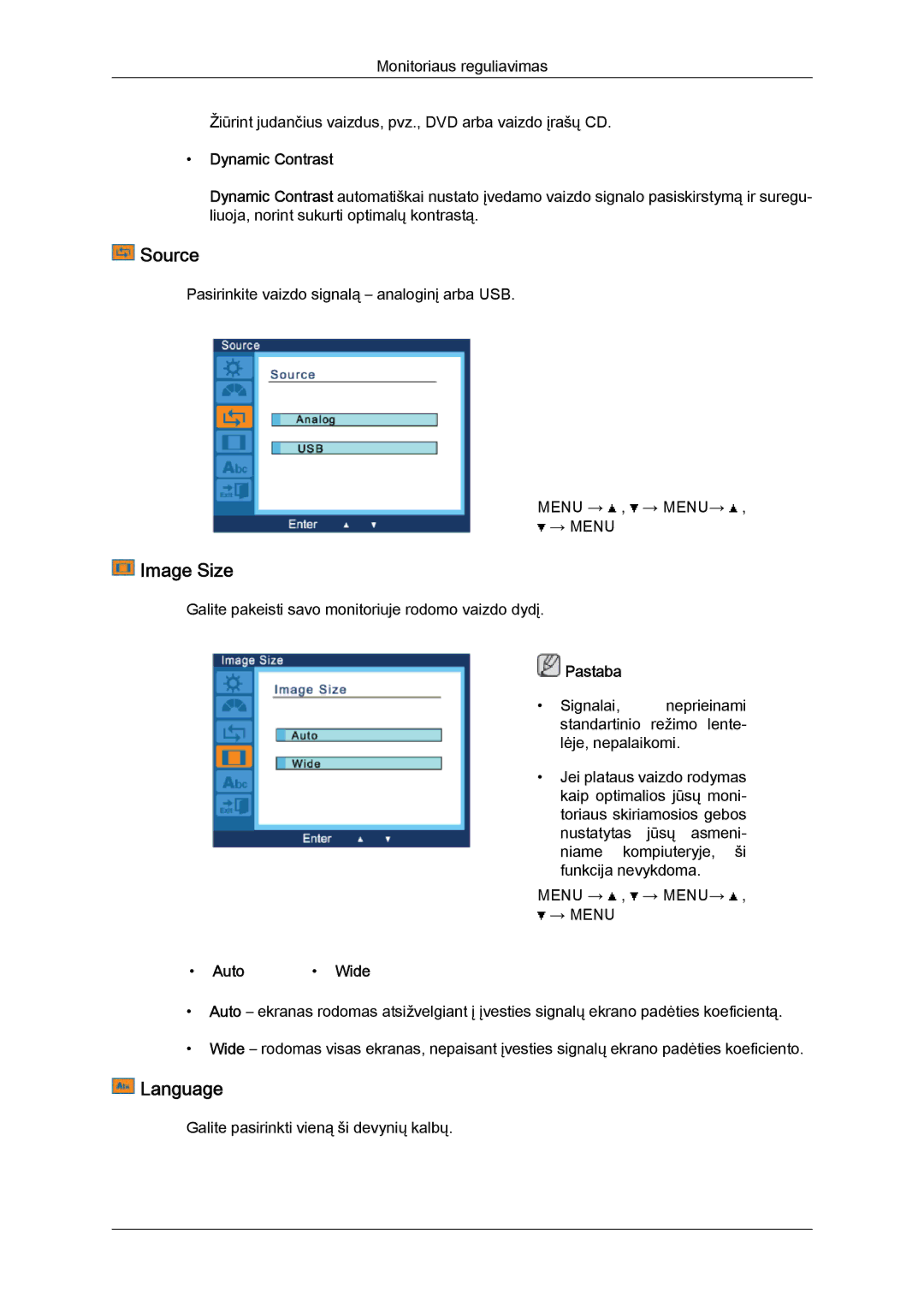 Samsung LS22LFUGFY/EN, LS22LFUGF/EN manual Source, Image Size, Language, Dynamic Contrast, Auto Wide 