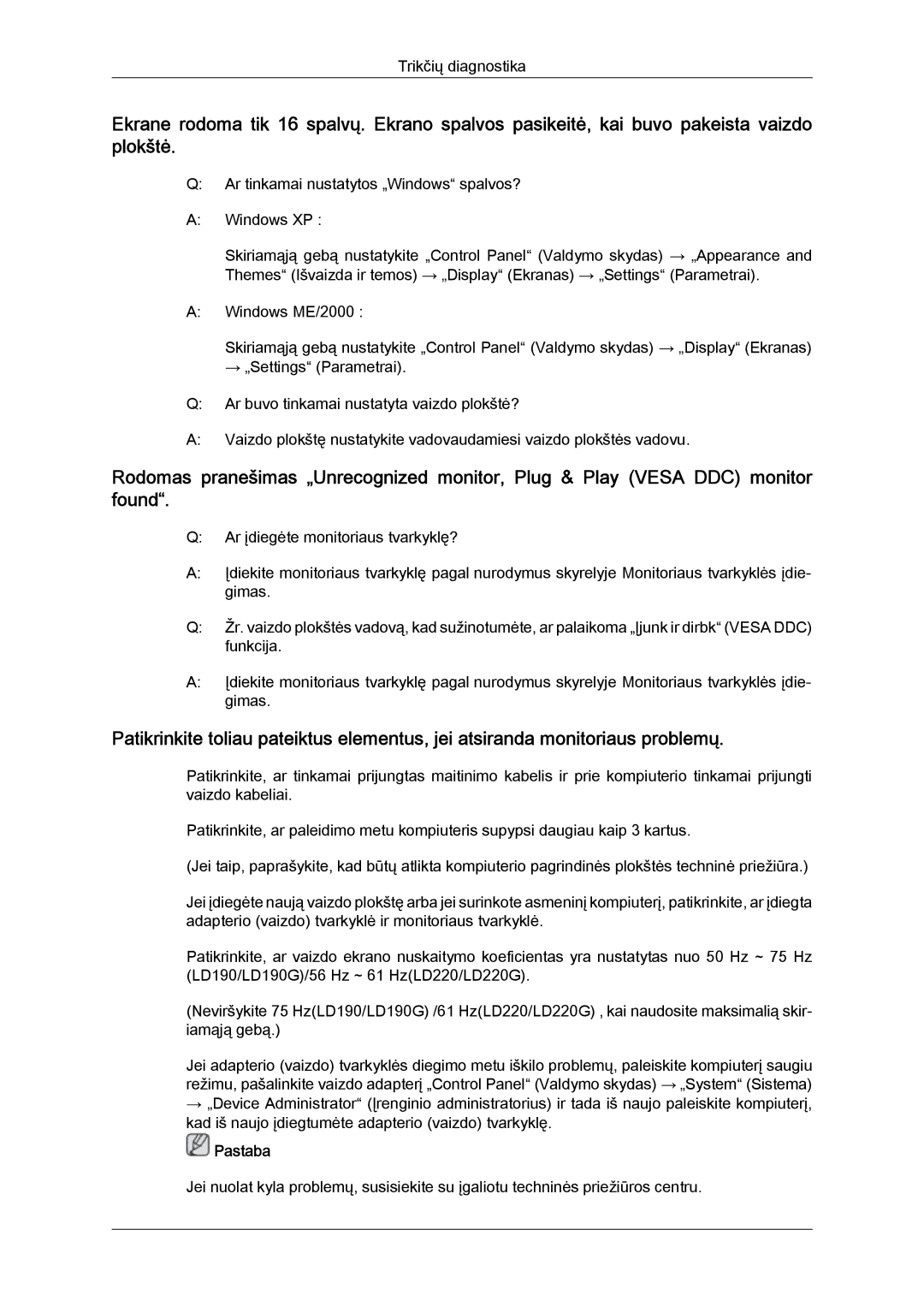 Samsung LS22LFUGF/EN, LS22LFUGFY/EN manual Trikčių diagnostika 