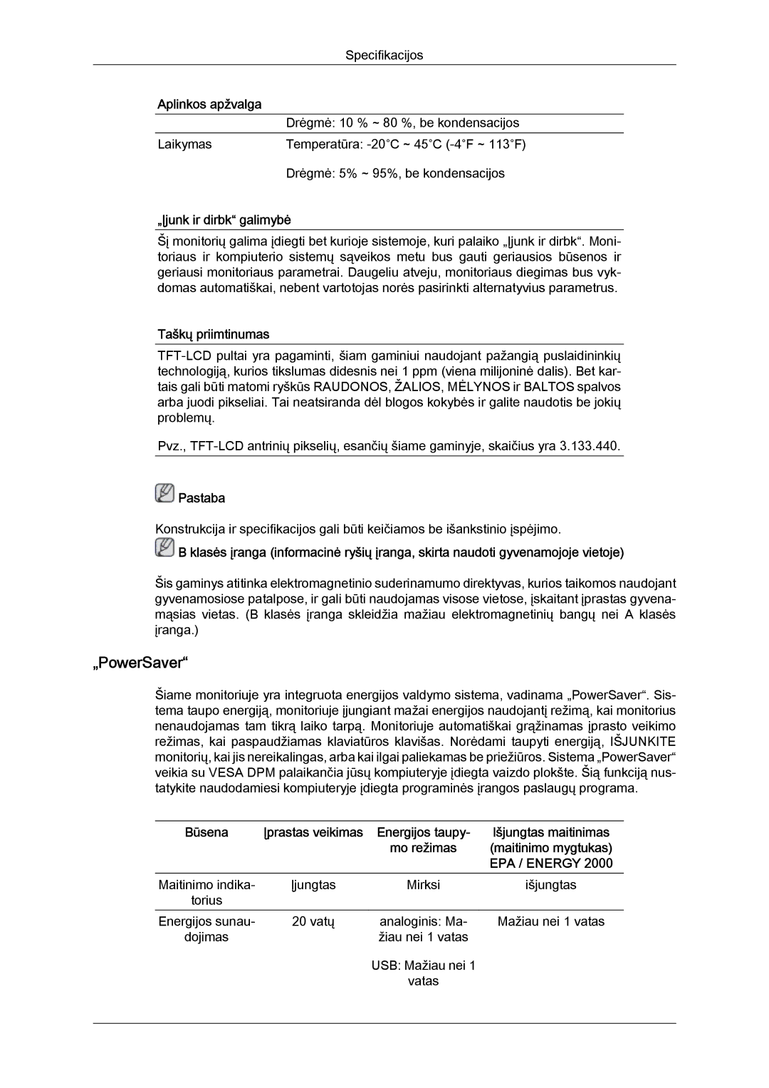 Samsung LS22LFUGF/EN, LS22LFUGFY/EN manual „PowerSaver, „Įjunk ir dirbk galimybė, Taškų priimtinumas 