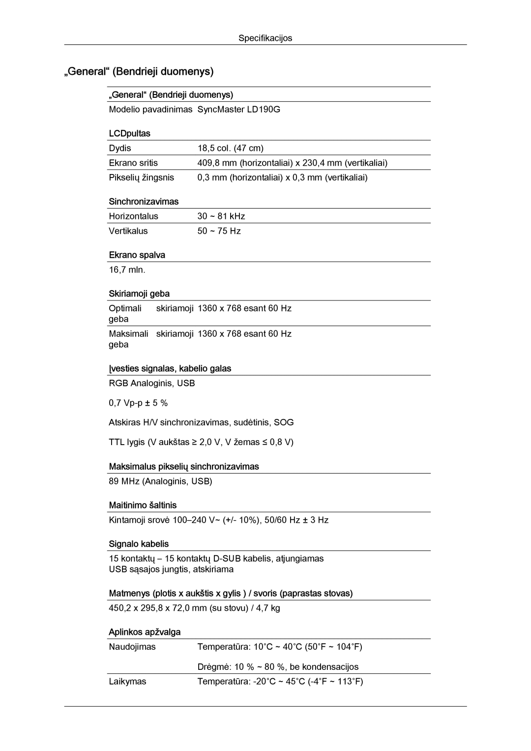 Samsung LS22LFUGF/EN, LS22LFUGFY/EN manual Modelio pavadinimas SyncMaster LD190G 