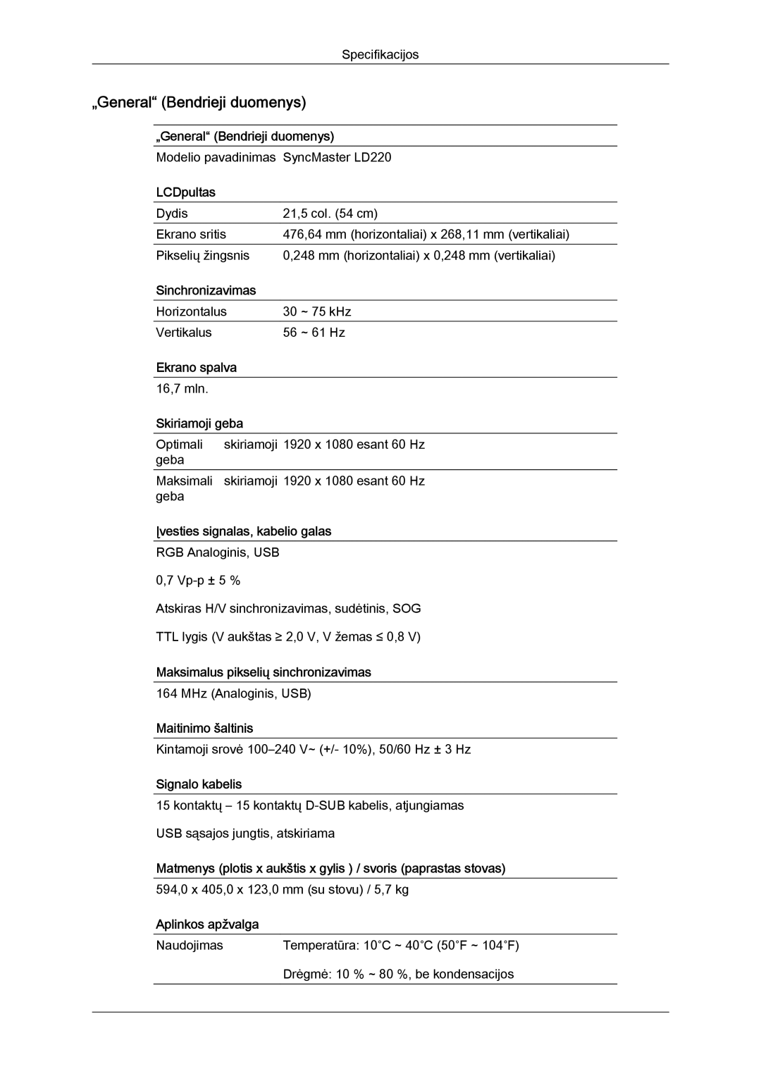 Samsung LS22LFUGFY/EN, LS22LFUGF/EN manual Modelio pavadinimas SyncMaster LD220 