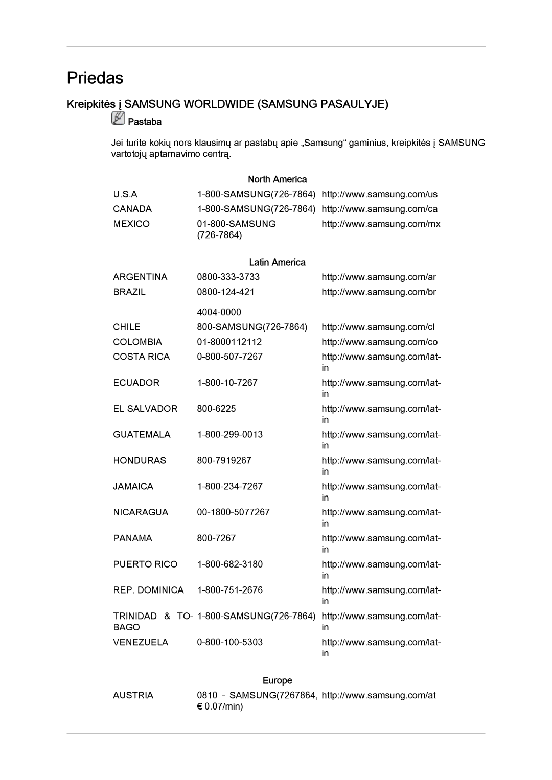 Samsung LS22LFUGFY/EN Priedas, Kreipkitės į Samsung Worldwide Samsung Pasaulyje, North America, Latin America, Europe 