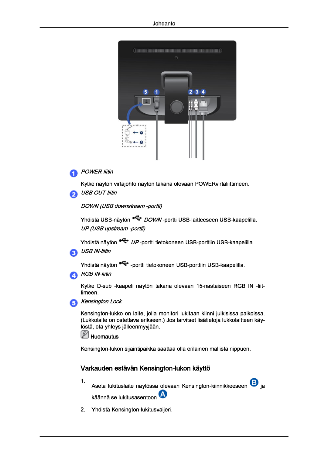 Samsung LS22LFUGF/EN DOWN USB downstream -portti, Varkauden estävän Kensington-lukon käyttö, POWER-liitin, Kensington Lock 