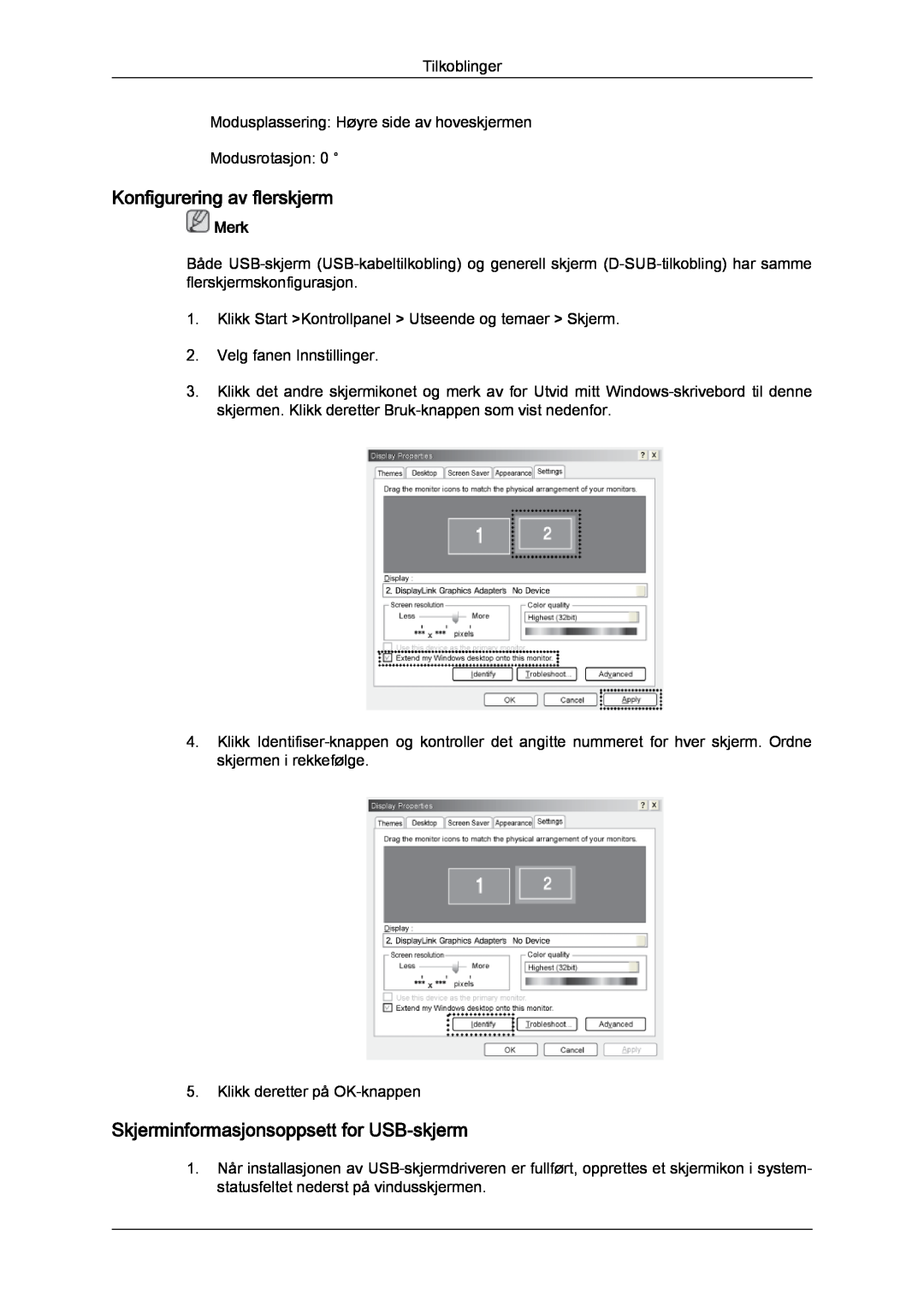 Samsung LS22LFUGF/EN, LS22LFUGFY/EN manual Konfigurering av flerskjerm, Skjerminformasjonsoppsett for USB-skjerm, Merk 