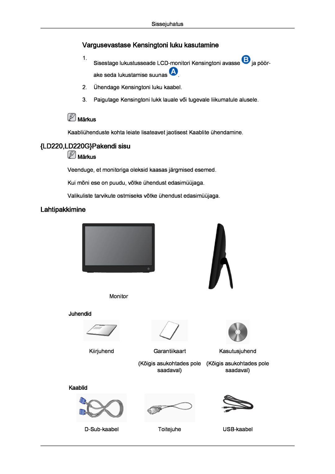 Samsung LS22LFUGFY/EN manual Vargusevastase Kensingtoni luku kasutamine, LD220,LD220GPakendi sisu, Lahtipakkimine, Märkus 